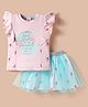 ToffyHouse Cotton Knit Frill Sleeves Top & Skirt with Floral Text Glitter Print - Pink & Light Blue
