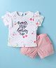 ToffyHouse Cotton Knit Half Sleeves Top & Shorts Set With Floral Print & Text Embroidery - White & Pink