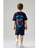 Primo Gino Cotton Knit Oversized Drop Shoulder Sleeves T-Shirt & Shorts Set with Beach Theme Print - Navy Blue