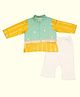 GREENDiGO Cotton Full Sleeves Foil Striped Kurta Pant With Bundi Set - Yellow & Green