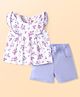 Babyhug Single Jersey Knit Cap Sleeves Floral Printed Top & Shorts Set - White & Purple