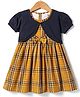 Babyhug Cotton Woven Checkered Frock with Half Puffed Sleeves Solid Shrug & Bow Applique - Yellow & Navy Blue