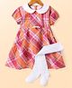 Babyhug Cotton Woven Half Sleeves Checkered Frock With Peter Pan Collar & Stockings - Dark Pink