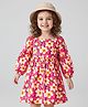 Babyhug Cotton Woven Half Sleeves Frock With Floral Print & Bow Applique - Dark Pink