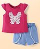 Babyhug Slub Jersey Knit Sleeveless  Cap Sleeves Top & Denim Shorts with Butterfly Embroidery - Dark Pink & Blue