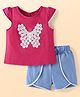Babyhug Slub Jersey Knit Sleeveless  Cap Sleeves Top & Denim Shorts with Butterfly Embroidery - Dark Pink & Blue