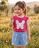 Babyhug Slub Jersey Knit Sleeveless  Cap Sleeves Top & Denim Shorts with Butterfly Embroidery - Dark Pink & Blue