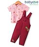 Babyoye Eco Conscious 100% Cotton Woven Floral Embroidered Dungaree & Floral Printed Half Sleeves T-Shirt - Pink & Maroon