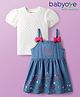 Babyoye 100% Cotton Woven Half Sleeves Inner T-Shirt & Frock with Pretty Text & Floral Embroidery - Blue & White
