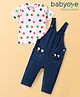 Babyoye Cotton Elastane Woven Half Sleeves T-Shirt & Dungaree with Polka Dots & Ear Applique - White & Navy Blue