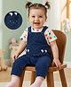 Babyoye Cotton Elastane Woven Half Sleeves T-Shirt & Dungaree with Polka Dots & Ear Applique - White & Navy Blue