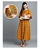 Dummy Shape Three Fourth Sleeves Abstract Printed Maternity Flare Kurta With Concealed Zipper Nursing Access - Mustard Yellow