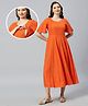 Dummy Shape Half Bell Sleeves Ethnic Motif Printed Flared Maternity Kurta With Concealed Zipper Nursing Access - Orange