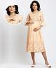 Dummy Shape Three Fourth Sleeves Floral Printed Maternity Flared Kurta With Attached Belt & Concealed Zipper Nursing Access - Light Orange