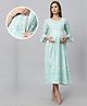 Dummy Shape Three Fourth Bell Sleeves Floral Printed Maternity Flared Kurta With Attached Belt & Concealed Zipper Nursing Access - Sky Blue