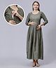 Dummy Shape Three Fourth Sleeves Abstract Printed Maternity Flared Kurta With Attached Floral Embroidered Belt & Concealed Zipper Nursing Access - Grey
