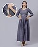 Dummy Shape Three Fourth Sleeves Abstract Printed Maternity Flared Kurta With Attached Floral Embroidered Belt & Concealed Zipper Nursing Access - Purple