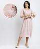 Dummy Shape Three Fourth Sleeves Striped Maternity Flared Kurta With Nursing Access & Abstract Embroidered Attached Belt - Light Pink