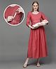 Dummy Shape Three Fourth Sleeves Maternity Flared Kurta With Nursing Access & Abstract Embroidered Attached Belt - Red