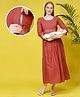 Dummy Shape Three Fourth Sleeves Maternity Flared Kurta With Nursing Access & Abstract Embroidered Attached Belt - Red