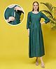 Dummy Shape Three Fourth Sleeves Maternity Flared Kurta With Nursing Access & Abstract Embroidered Attached Belt - Teal
