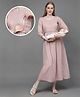 Dummy Shape Three Fourth Sleeves Maternity Flared Kurta With Nursing Access & Abstract Embroidered Attached Belt - Light Pink