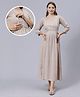 Dummy Shape Three Fourth Sleeves Maternity Flared Kurta With Nursing Access & Abstract Embroidered Attached Belt - Light Brown