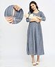 Dummy Shape Three Fourth Sleeves Striped Maternity Flared Kurta With Nursing Access & Abstract Embroidered Attached Belt - Blue