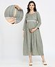 Dummy Shape Three Fourth Sleeves Striped Maternity Flared Kurta With Nursing Access & Abstract Embroidered Attached Belt - Green
