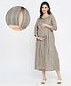 Dummy Shape Three Fourth Sleeves Striped Maternity Flared Kurta With Nursing Access & Abstract Embroidered Attached Belt - Brown