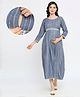 Dummy Shape Three Fourth Sleeves Striped Maternity Flared Kurta With Nursing Access & Abstract Embroidered Attached Belt - Blue