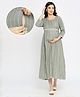 Dummy Shape Three Fourth Sleeves Striped Maternity Flared Kurta With Nursing Access & Abstract Embroidered Attached Belt - Green