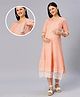 Dummy Shape Three Fourth Sleeves Textured Lace Work Detailed Flared Maternity Kurta With Concealed Zipper Nursing Access - Orange