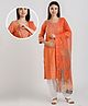 Dummy Shape Three Fourth Sleeves Abstract Embroidered Maternity Kurta With Concealed Zipper Nursing Access & Patiala Dupatta Set  - Orange