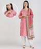 Dummy Shape Three Fourth Sleeves Abstract Embroidered Maternity Kurta With Concealed Zipper Nursing Access & Patiala Dupatta Set - Baby Pink