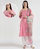 Dummy Shape Three Fourth Sleeves Abstract Embroidered Maternity Kurta With Concealed Zipper Nursing Access & Patiala Dupatta Set - Baby Pink