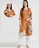 Dummy Shape Three Fourth Sleeves Abstract Embroidered Maternity Kurta With Concealed Zipper Nursing Access With Patiala & Dupatta Set - Mustard