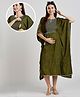 Dummy Shape Three Fourth Sleeves Abstract Embroidered Stretchable Maternity Kaftan Kurta With Attached Dori Belt & Concealed Zipper Nursing Access - Olive Green