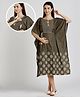 Dummy Shape Three Fourth Sleeves Abstract Embroidered Stretchable Maternity Kaftan Kurta With Attached Dori Belt & Concealed Zipper Nursing Access - Dark Grey