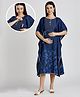 Dummy Shape Half Batwing Sleeves Floral Printed & Lace Embellished Maternity Kaftan Kurta With Nursing Access - Dark Blue