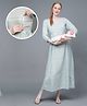 Dummy Shape Three Fourth Sleeves Striped Maternity Flared Kurta With Attached Floral Embroidered Belt & Concealed Zipper Nursing Access - Light Blue