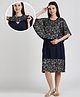 True Shape Embosis Hosiery Half Batwing Sleeves Floral Foil Printed Maternity Poncho Dress With Nursing Access - Navy Blue