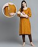 True Shape Three Fourth Sleeves Leaves Printed Maternity Kurta With Concealed Zipper Nursing Access - Mustard