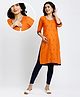 True Shape Three Fourth Sleeves Floral Motif Embroidered Maternity Kurta With Concealed Zipper Nursing Access - Orange