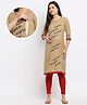 True Shape Three Fourth Sleeves Floral Embroidered Maternity Kurta With Concealed Zipper Nursing Access - Beige
