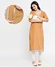 True Shape Three Fourth Sleeves Floral Embroidered Maternity Kurta With Concealed Zipper Nursing Access - Mustard
