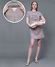 True Shape Half Sleeves Typography Printed Maternity Dress With Two Layer Lift Nursing Access - Grey