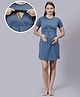 True Shape Half Sleeves Typography Printed Maternity Dress With Two Layer Lift Nursing Access - Blue