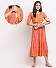 True Shape Three Fourth Sleeves Circles Printed Maternity Flared Kurta With Concealed Zipper Nursing Access - Orange