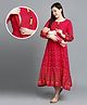 True Shape Three Fourth Sleeves Ethnic Motifs Printed Maternity Anarkali Kurta With Concealed Zipper Nursing Access - Red